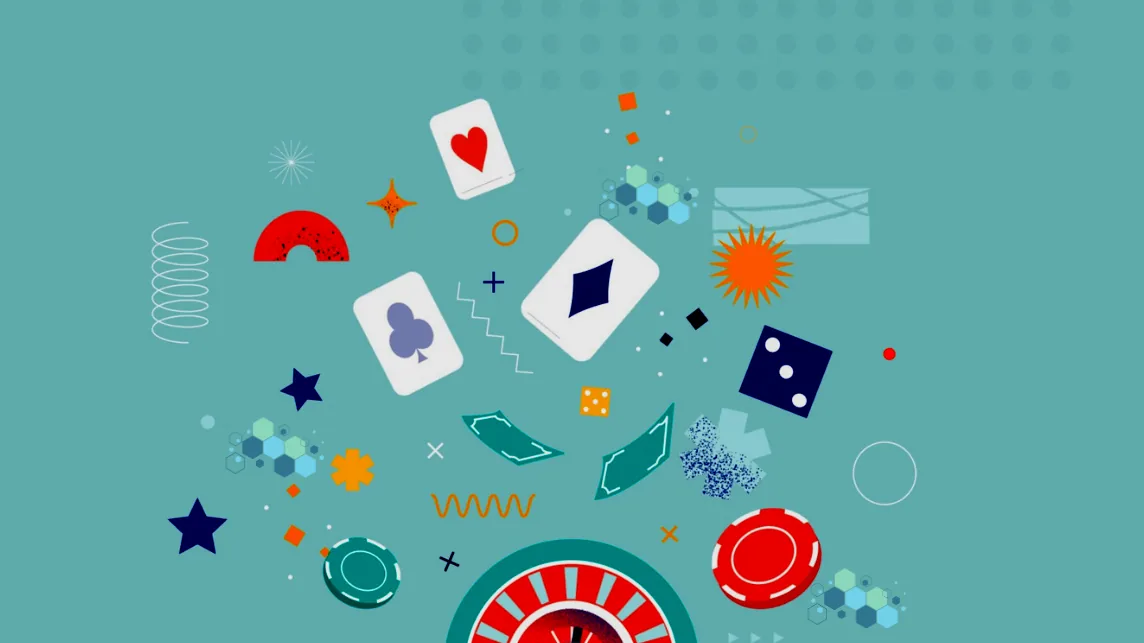 Illustration of playing cards, dice and casino chips